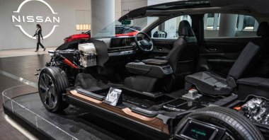 A cutaway display model of one of Nissan's electric vehicles (EV) is seen at the global headquarters of Japanese automaker Nissan Motor in Yokohama, Kanagawa prefecture, Japan, March 30, 2023. (AFP Photo)