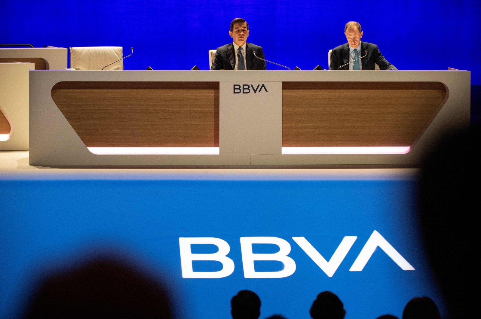 Spain&#039;s Banco Bilbao Vizcaya Argentaria (BBVA) Chair Carlos Torres (L) and General Secretary Domingo Armengol attend the bank&#039;s general shareholders&#039; meeting, Bilbao, Spain, March 15, 2024. (AFP Photo)