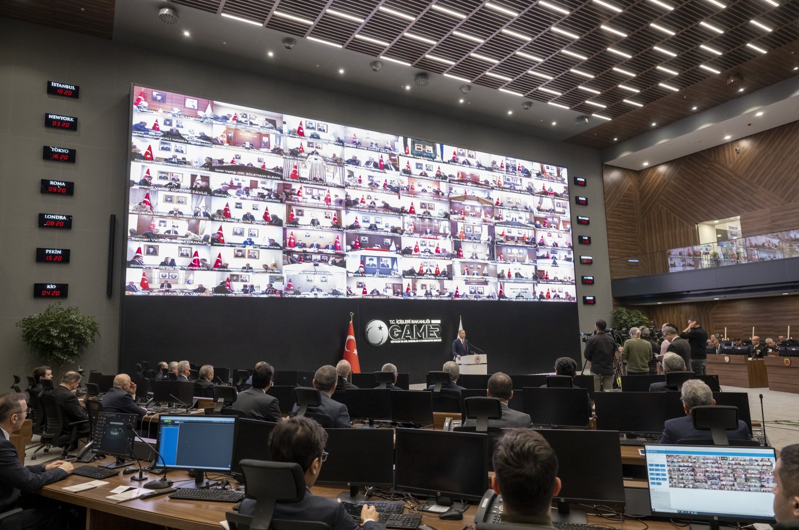 Interior Minister Ali Yerlikaya speaks against the backdrop of screens showing live transmission from Turkish governorates in the capital Ankara, Türkiye, March 25, 2024. (AA Photo)