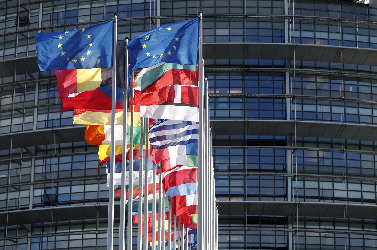  European flags fly outside the European Parliament in Strasbourg, eastern France, Tuesday, Feb.15, 2022. (AP File Photo)