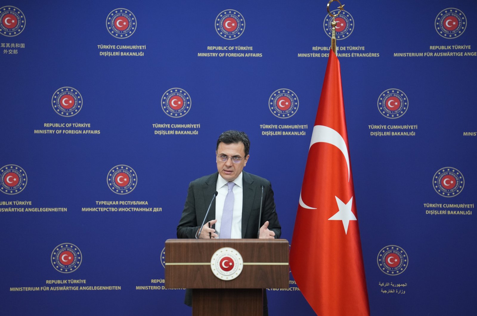 Foreign Ministry spokesman Öncü Keçeli speaks at a news conference in Ankara, March 3, 2024. (AA Photo)