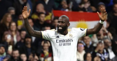 Real Madrid's Antonio Rudiger celebrates after the 2-0 goal during the Spanish La Liga match against Celta de Vigo, Madrid, Spain, March 10, 2024. (EPA Photo)