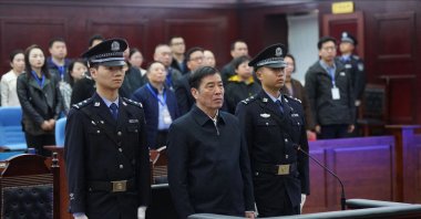 Chen Xuyuan (C), former chairman of Chinese Football Association, standing during his trial at the Huangshi Intermediate People’s Court, Huangshi, Hubei, China, March 26, 2024. (AFP Photo)