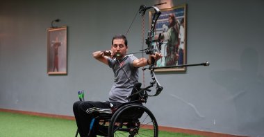 Turkish para-archer Yiğit Caner Aydın trains for the 2024 Paris Paralympics, Istanbul, Türkiye, March 14, 2024. (AA Photo)
