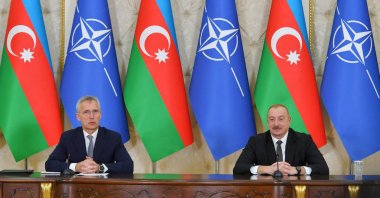 Azerbaijani President Ilham Aliyev (R) and NATO Secretary-General Jens Stoltenberg deliver press statements following their talks in Baku, Azerbaijan, March 17, 2024. (AFP Photo)