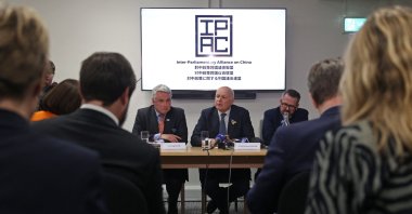 (L-R) Conservative MP Tim Loughton, former Conservative leader, Iain Duncan Smith and SNP’s former defense spokesman Stewart McDonald from the Inter-Parliamentary Alliance on China, hold a press conference in central London, U.K., March 25, 2024. (AFP photo)