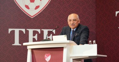 TFF President Mehmet Büyükekşi speaks at a meeting with women football players, March 8, 2024. (AA File Photo) 