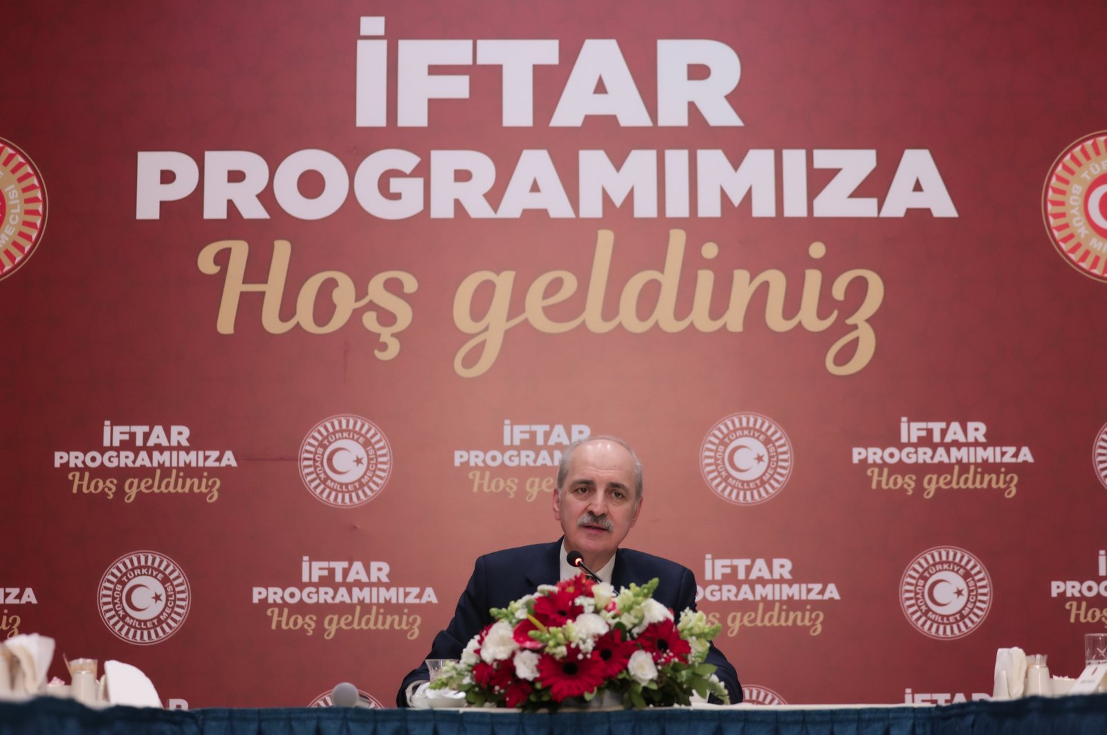 Parliament Speaker Numan Kurtulmuş speaks at an iftar meal with the heads of media organizations, Istanbul, Türkiye, March 25, 2024. (AA Photo)