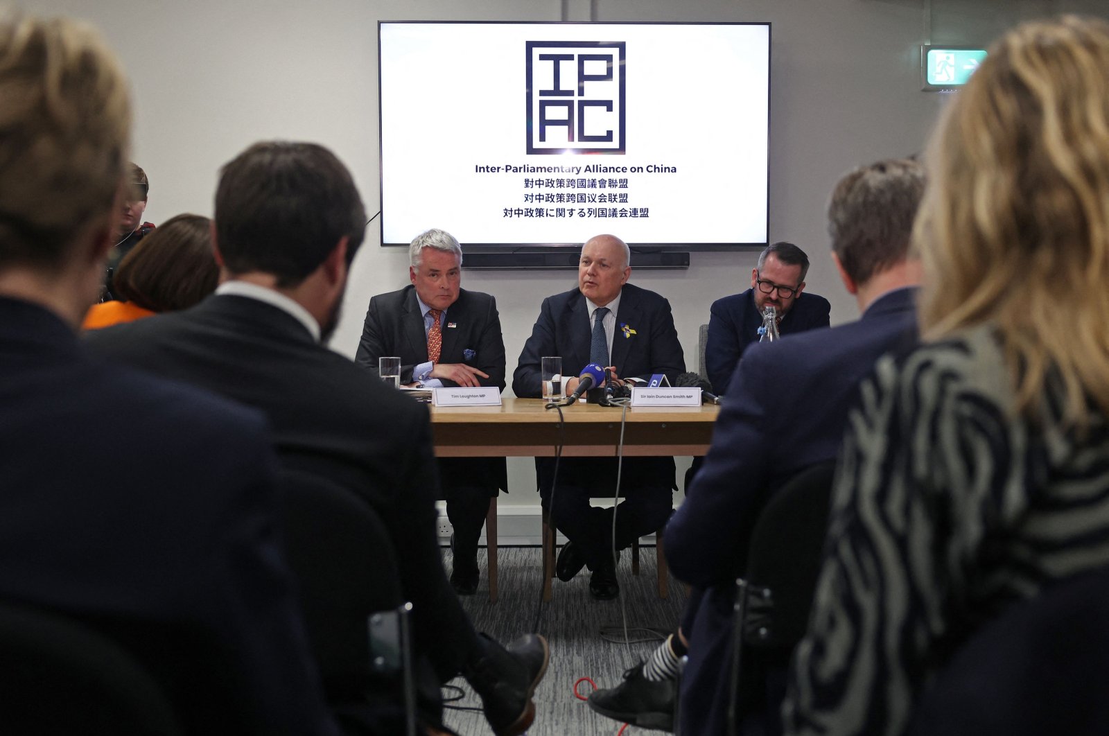 (L-R) Conservative MP Tim Loughton, former Conservative leader, Iain Duncan Smith and SNP’s former defense spokesman Stewart McDonald from the Inter-Parliamentary Alliance on China, hold a press conference in central London, U.K., March 25, 2024. (AFP photo)