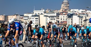 Cyclists in action during the 58th Presidential Cycling Tour of Türkiye, Istanbul, Türkiye, Oct. 15, 2023. (IHA Photo)