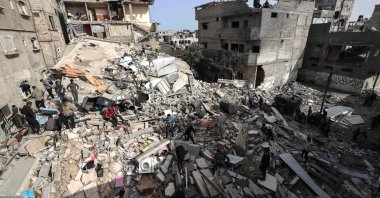 People check the rubble of buildings that were destroyed by overnight Israeli bombing in Rafah, southern Gaza Strip, Palestine, March 27, 2024. (AFP Photo)