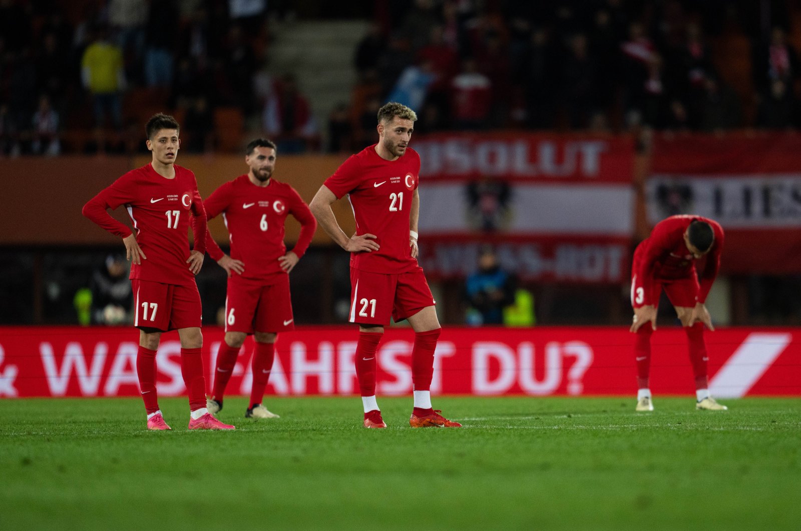 Turkish national team players look dejected after losing to Austria at the Ernst Happel Stadium, Vienna, Austria, March 26, 2024. (AA Photo)