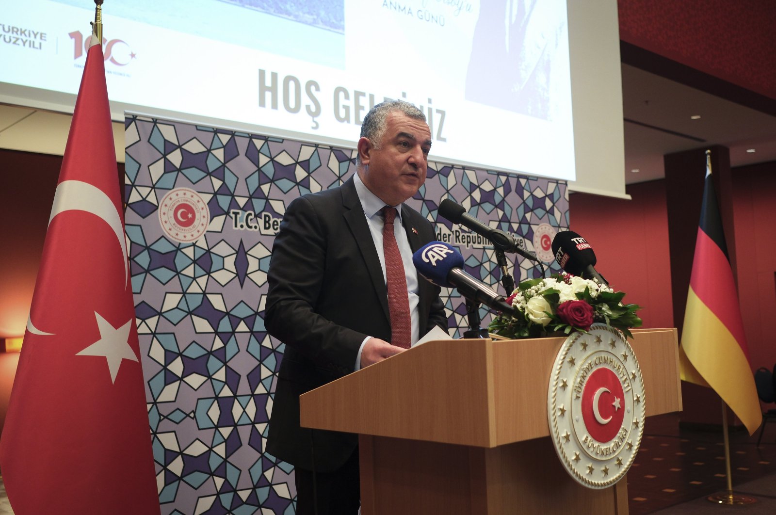 Ambassador Ahmet Başar Şen speaks at a commemoration ceremony for March 18 in Berlin, Germany, March 18, 2024. (AA File Photo)