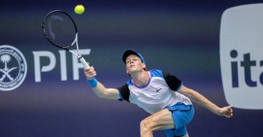 Italy's Jannik Sinner in action against Czech Republic's Tomas Machac during their men's quarterfinals match at the 2024 Miami Open tennis tournament, Miami, U.S., March 27, 2024. (EPA Photo)