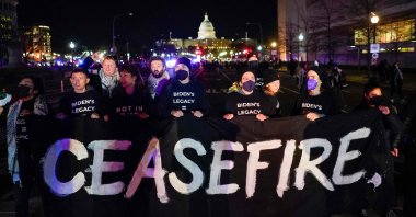 Demonstrators with Jewish Voice for Peace attempt to block U.S. President Joe Biden's motorcade route during a Pro-Palestinian protest near the U.S. Capitol, in Washington, DC, U.S., March 7, 2024. (AFP Photo)