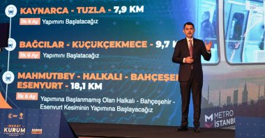 Ruling Justice and Development Party (AK Party) mayoral candidate Murat Kurum speaks at his “Quick and Firm Steps for Istanbul” meeting, in Istanbul, Türkiye, March 28, 2024. (AA Photo)