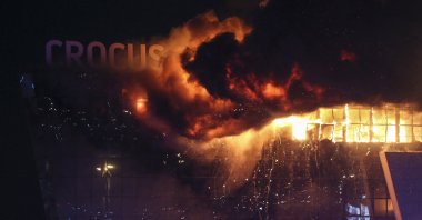 Fire rises above the burning Crocus City Hall concert venue following a terrorist attack in Krasnogorsk, outside Moscow, Russia, March 22, 2024. (EPA Photo)