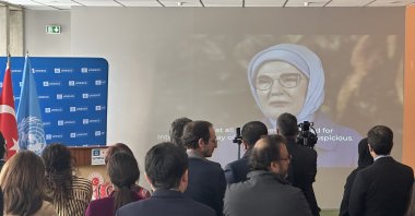First Lady Emine Erdoğan's video message is displayed at the event in Paris, March 28, 2024. (AA Photo)