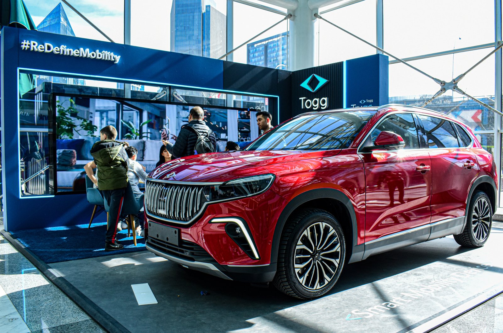 The T10X fully electric SUV model, produced by Turkish car manufacturer Togg, was exhibited at the fair in the capital of Ankara, Türkiye, on Feb. 10, 2024. (Reuters Photo)