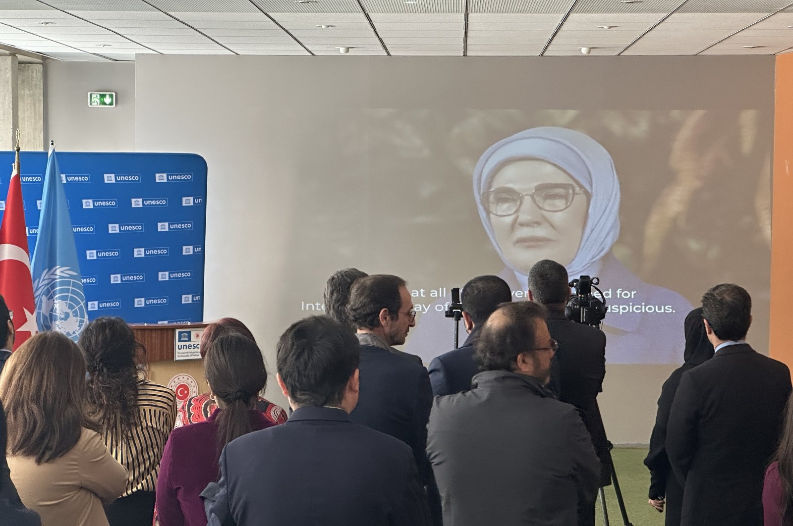 First Lady Emine Erdoğan&#039;s video message is displayed at the event in Paris, March 28, 2024. (AA Photo)