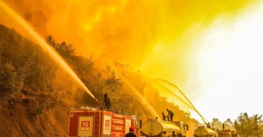 Firefighters spray water on a burning forest, in the Manavgat district, Antalya, southern Türkiye, Aug. 11, 2021. (DHA PHOTO)