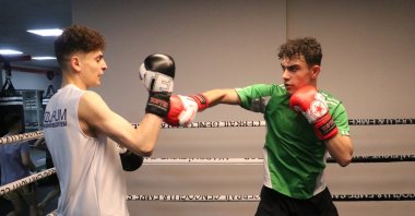 Turkish kickboxer Furkan Akgün (R) trains for the Istanbul Kickboxing World Cup, Şanlıurfa, Türkiye, March 20, 2024. (AA Photo)