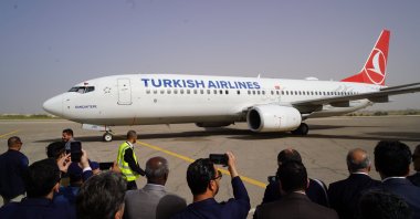 A Turkish Airlines aircraft is greeted after landing at the Mitiga International Airport in Tripoli, Libya, March 28, 2024. (AA Photo)