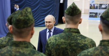 Russian President Vladimir Putin visits aircrews in Torzhok in the Tver region, Russia, March 27, 2024. (AFP Photo)