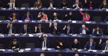 European Union lawmakers vote on an Artificial Intelligence Act at the European Parliament in Strasbourg, eastern France, Wednesday, March 13, 2024. (AP Photo)