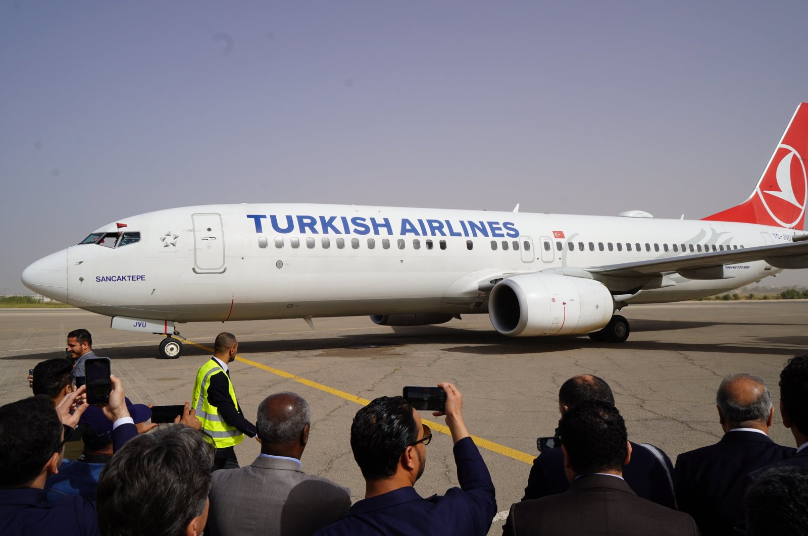 A Turkish Airlines aircraft is greeted after landing at the Mitiga International Airport in Tripoli, Libya, March 28, 2024. (AA Photo)