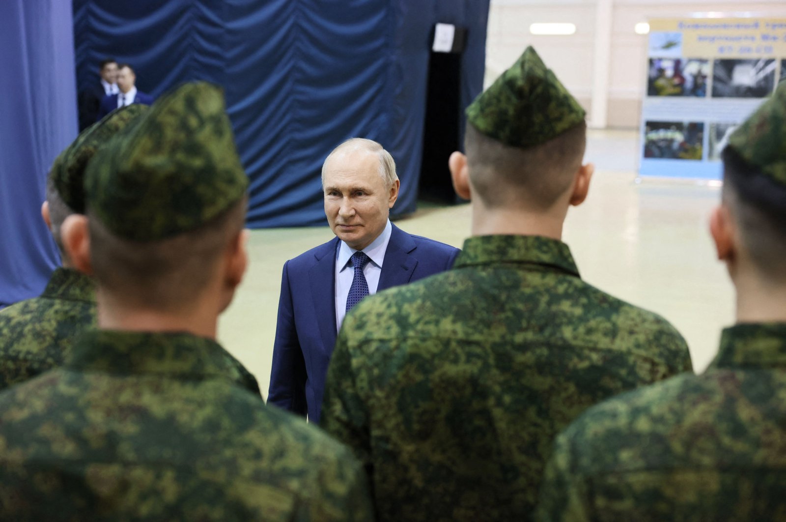 Russian President Vladimir Putin visits aircrews in Torzhok in the Tver region, Russia, March 27, 2024. (AFP Photo)