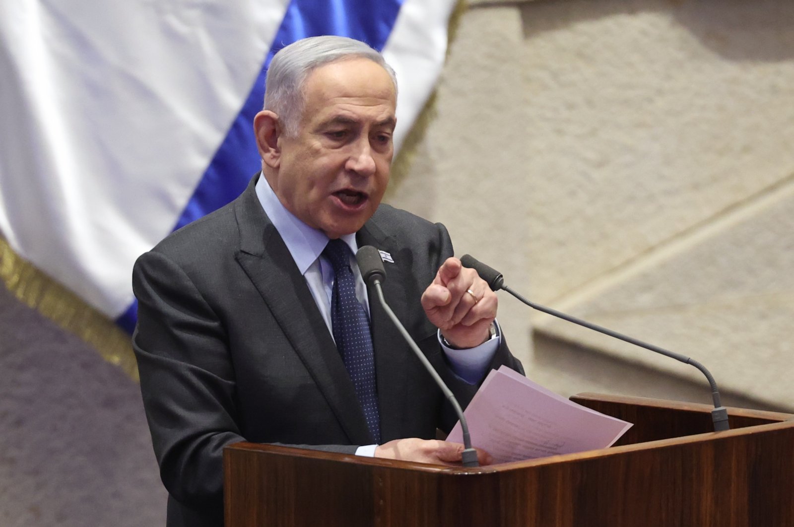  Israeli Prime Minister Benjamin Netanyahu speaks during the voting session for the impeachment of Hadash-Ta party MP Ofer Cassif in Jerusalem, Feb. 19, 2024. (EPA File Photo)