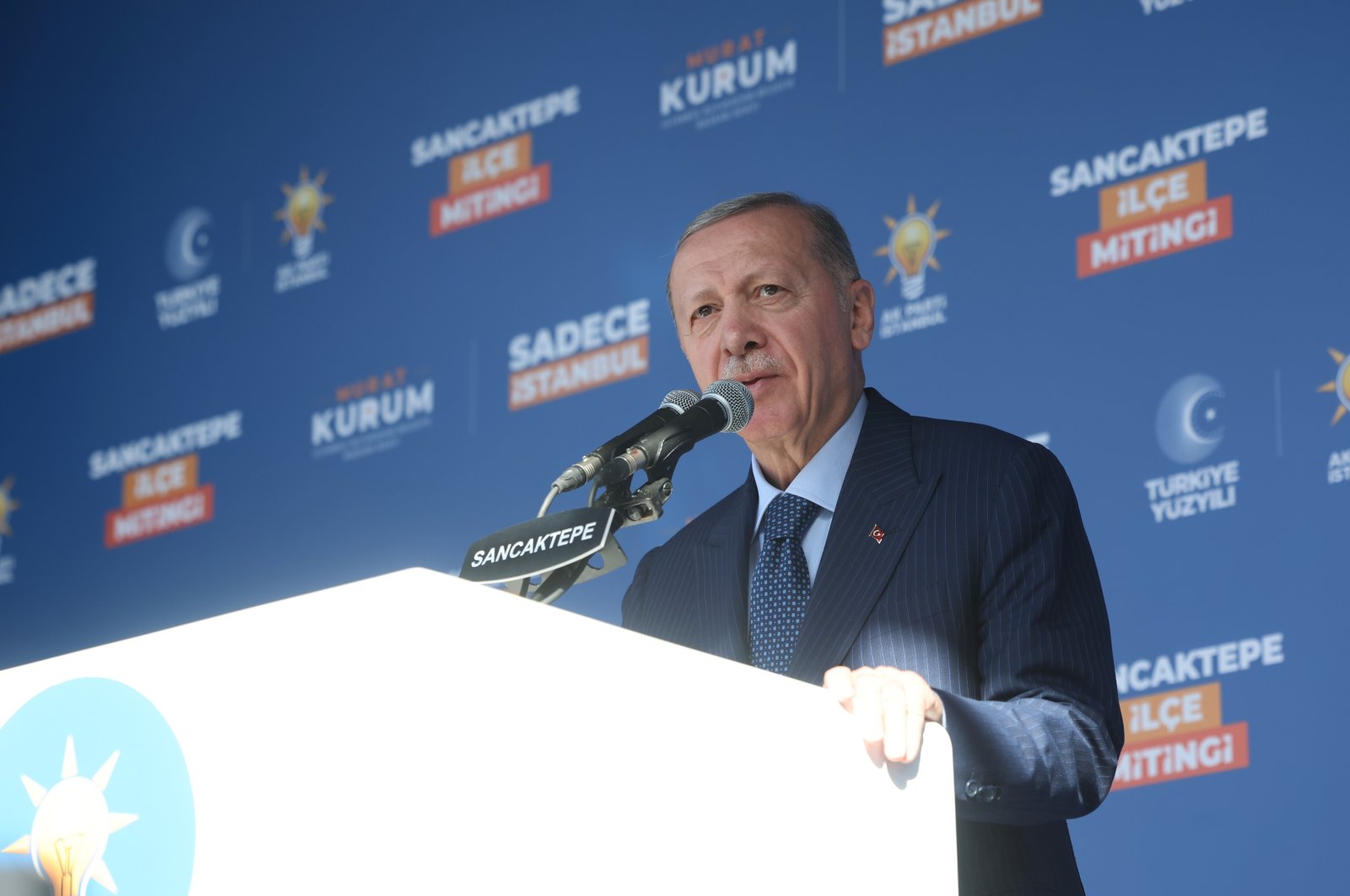 President Recep Tayyip Erdoğan addresses supporters at his ruling AK Party&#039;s election rally in Istanbul&#039;s Sancaktepe district, March 29, 2024. (IHA Photo)