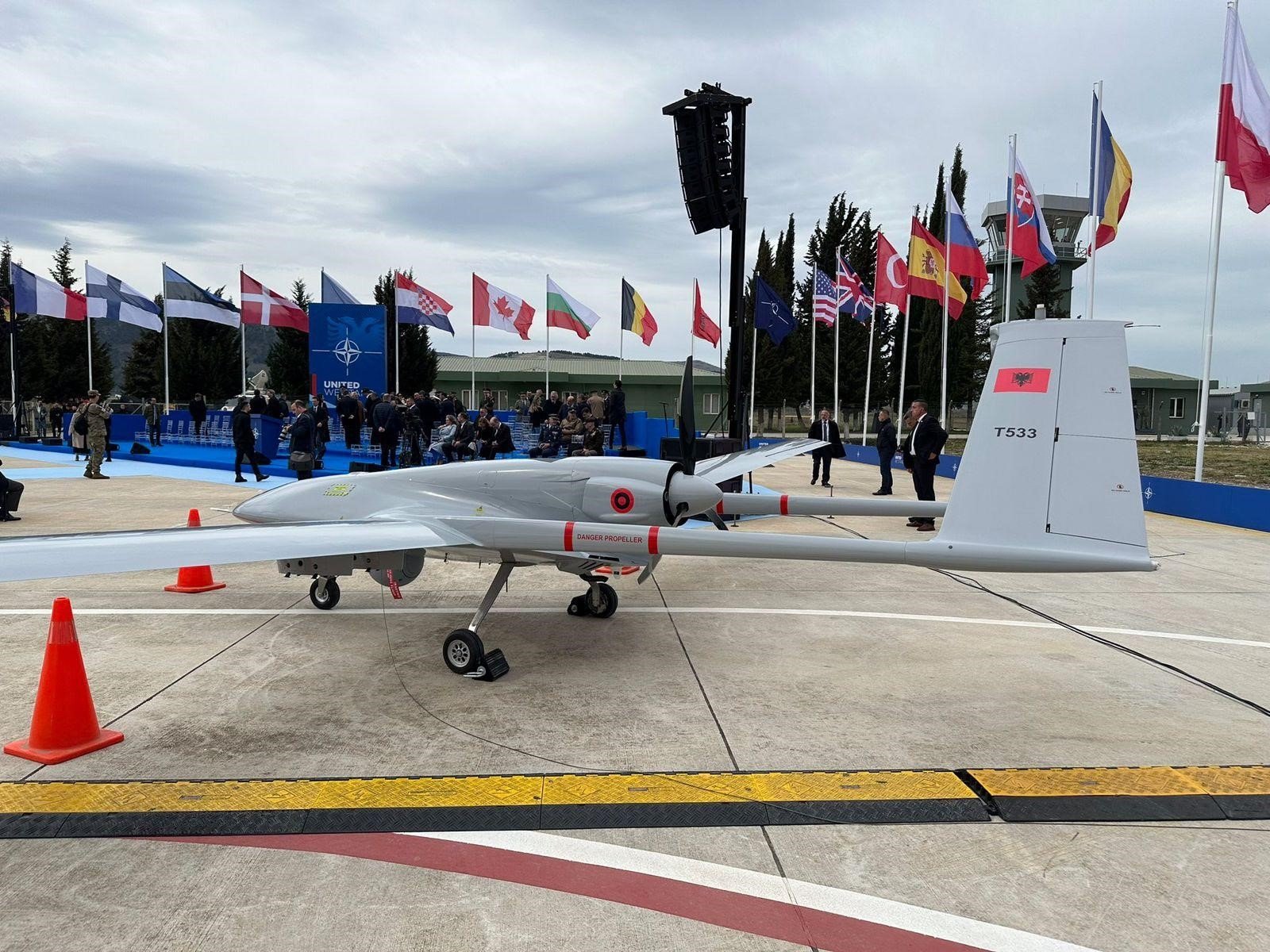 Bayraktar TB2 unmanned aerial combat vehicle (UCAV) supplied to numerous countries to date is seen in Tirana, Albania, March 4, 2024. (IHA Photo)