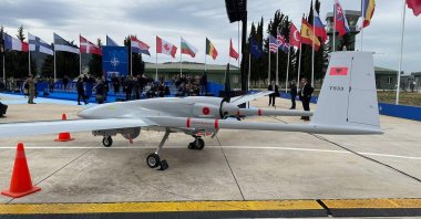 Bayraktar TB2 unmanned aerial combat vehicle (UCAV) supplied to numerous countries to date is seen in Tirana, Albania, March 4, 2024. (IHA Photo)