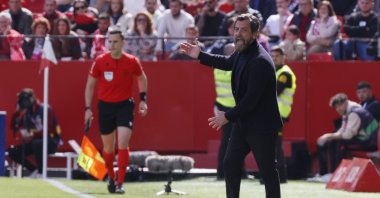 Sevilla's head coach, Quique Sanchez Flores, gestures during the Spanish La Liga match against Real Sociedad, Seville, Spain, March 2, 2024. (EPA Photo)