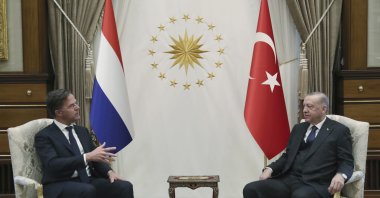 President Recep Tayyip Erdoğan (R) and Dutch Prime Minister Mark Rutte speak during a meeting, Ankara, Türkiye, March 22, 2022. (Turkish Presidency via AP)