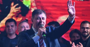 CHP Izmir Metropolitan Municipality mayor candidate Cemil Tugay addresses a gathering of supporters, Izmir, Türkiye, March 31, 2024. (AA Photo)
