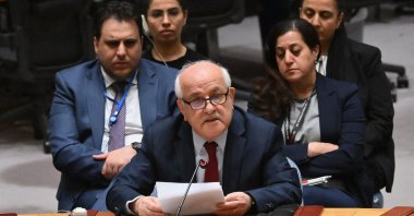 Palestinian Ambassador to the United Nations Riyad Mansour speaks during a U.N. Security Council meeting on the situation in the Middle East, including the Palestinian question, at the U.N. headquarters in New York, March 25, 2024. (AFP Photo)