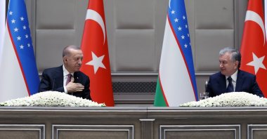President Recep Tayyip Erdoğan (L) and his Uzbek counterpart Shavkat Mirziyoyev attend a bilateral meeting in Tashkent, Uzbekistan, March 29, 2022. (AA File Photo)
