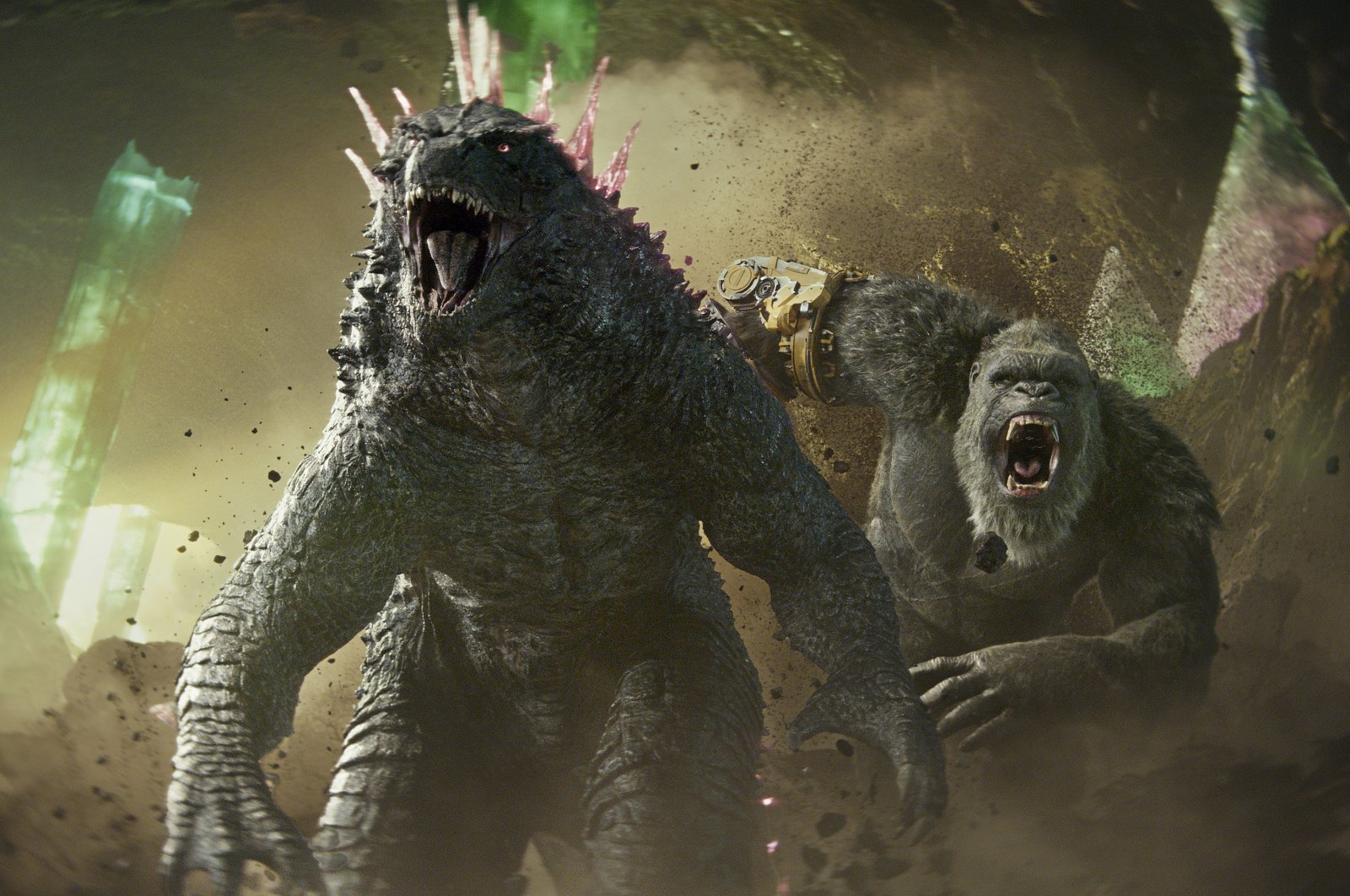 This image released by Warner Bros. Pictures shows Godzilla (L) and Kong in a scene from &quot;Godzilla x Kong: The New Empire.&quot; (AP Photo)