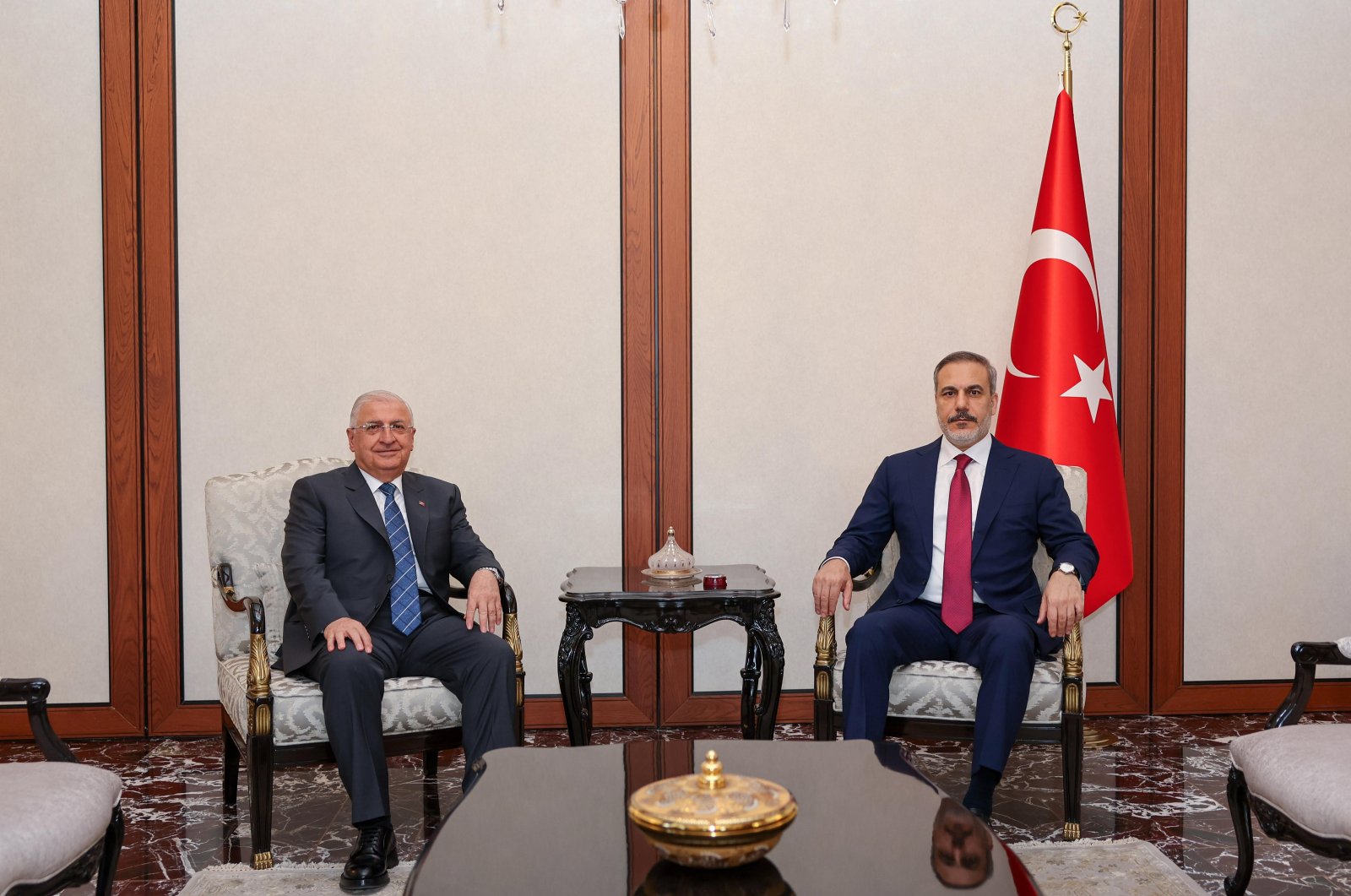 Foreign Minister Hakan Fidan and Defense Minister Yaşar Güler hold a meeting at the Foreign Ministry residence in Ankara, April 1, 2024. (AA Photo)