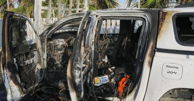 Destroyed cars of the NGO World Central Kitchen (WCK) sit along Al Rashid road, between Deir Al Balah and Khan Younis, Gaza Strip, Palestine, April 2, 2024. (EPA Photo)