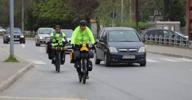 Two cyclists set off on their journey to Mecca in Skopje, North Macedonia, on April 1, 2024. (AA Photo)