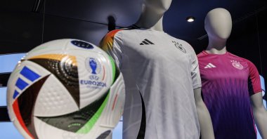 The official jerseys of the German national team for the upcoming European Football Championship 2024 (UEFA EURO 2024) are on display at the headquarters of sporting goods manufacturer adidas AG, Herzogenaurach, Germany, March 14, 2024. (AP Photo)