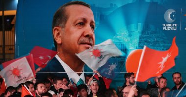 Supporters of the Justice and Development Party (AK Party) cheer as President Recep Tayyip Erdoğan delivers a speech after the municipal elections in Ankara, Türkiye, April 1, 2024. (AFP Photo)