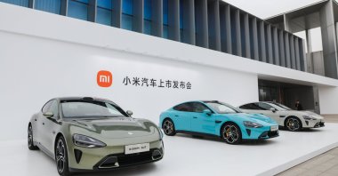 Xiaomi SU7 electric cars displayed at Beijing Etrong International Exhibition and Convention Center, in Beijing, China, March 28, 2024. (EPA Photo)