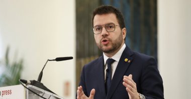 Catalan regional President Pere Aragones speaks during a breakfast briefing held in Madrid, Spain, March 20, 2024. (EPA Photo)