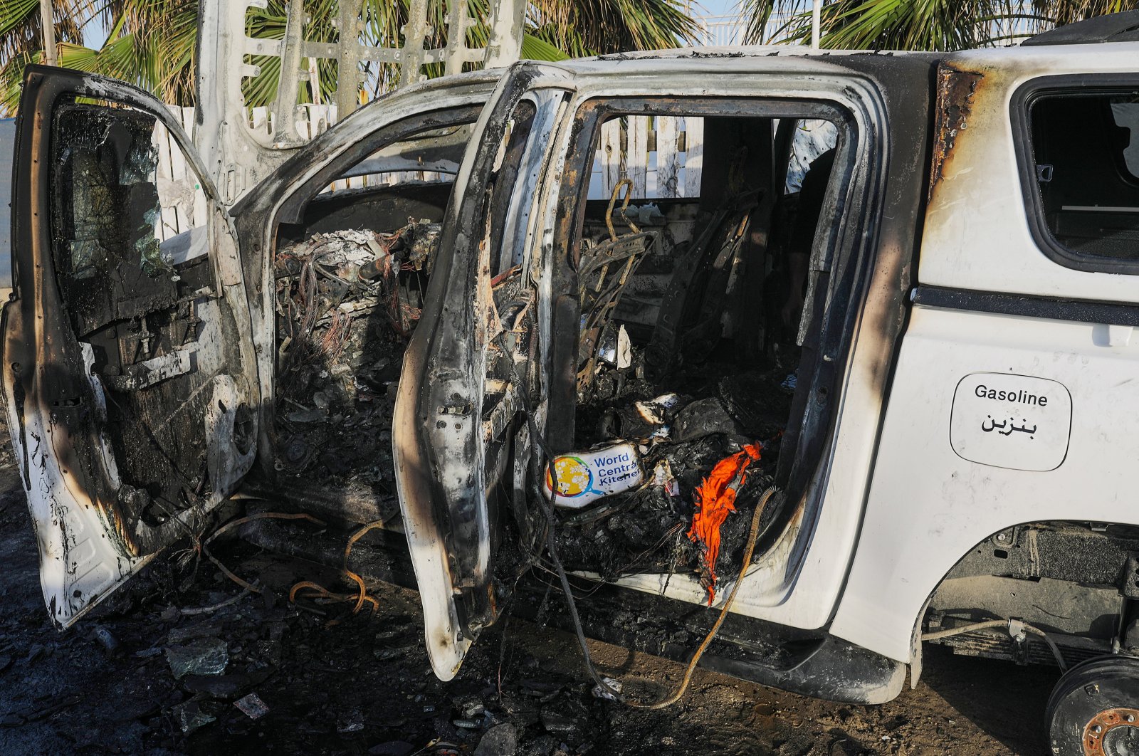 Destroyed cars of the NGO World Central Kitchen (WCK) sit along Al Rashid road, between Deir Al Balah and Khan Younis, Gaza Strip, Palestine, April 2, 2024. (EPA Photo)