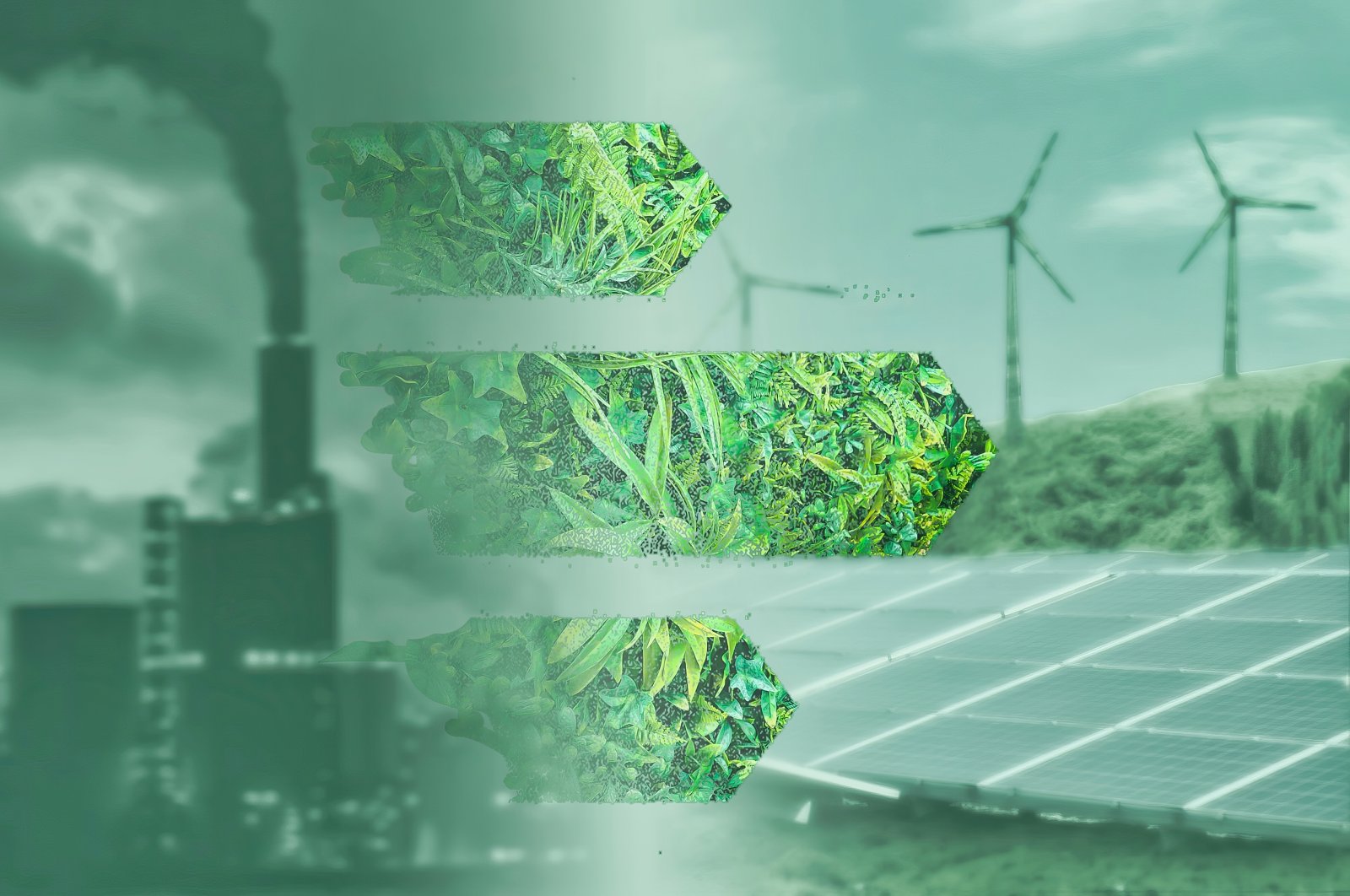 An illustration depicting the energy transition from fossil fuel to green energy. (Shutterstock Photo)